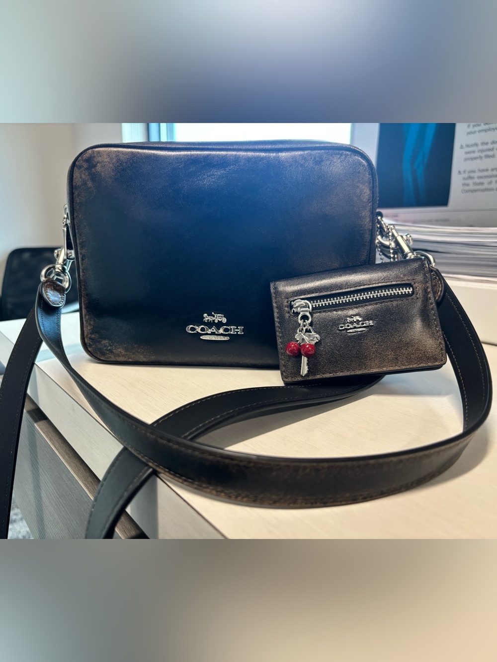 COACH SET Loved Leather Carey Crossbody Bag & Matching Card Case w/Charms Wallet - Picture 6 of 16